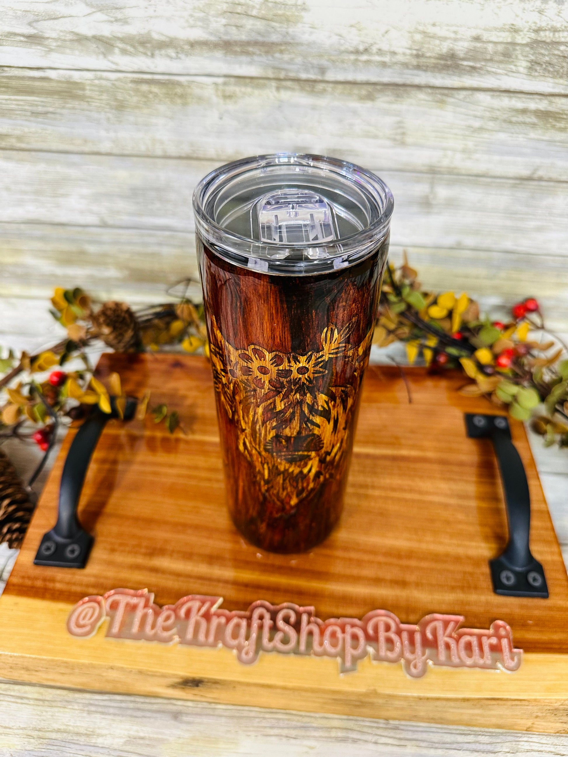 Tooled leather highland cow tumbler.