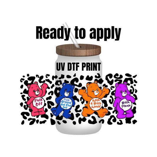 UV DTF Sticker print. Ready to apply! Cheetah swear bears wrap decal, tumbler decal, permanent sticker. UV wrap for glass can tumbler. #5015