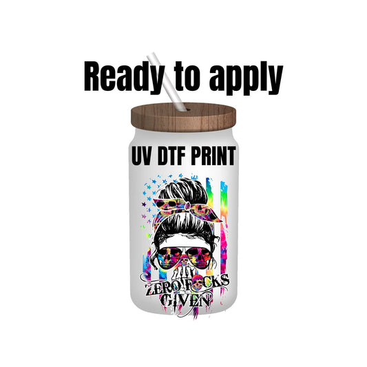 UV DTF Sticker print. Zero fucks given skull mama decal, tumbler decal, permanent sticker. UV wrap for glass can tumbler. #4007