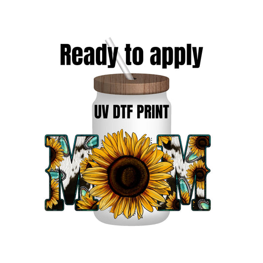 UV DTF Sticker print. Mom with sunflower middle decal, tumbler decal, permanent sticker. UV wrap for glass can tumbler. #4002