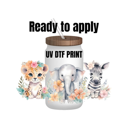 UV DTF Sticker print. Watercolor Baby zebra elephant tiger wrap decal, tumbler decal, permanent sticker. UV wrap for glass can tumbler.#5041