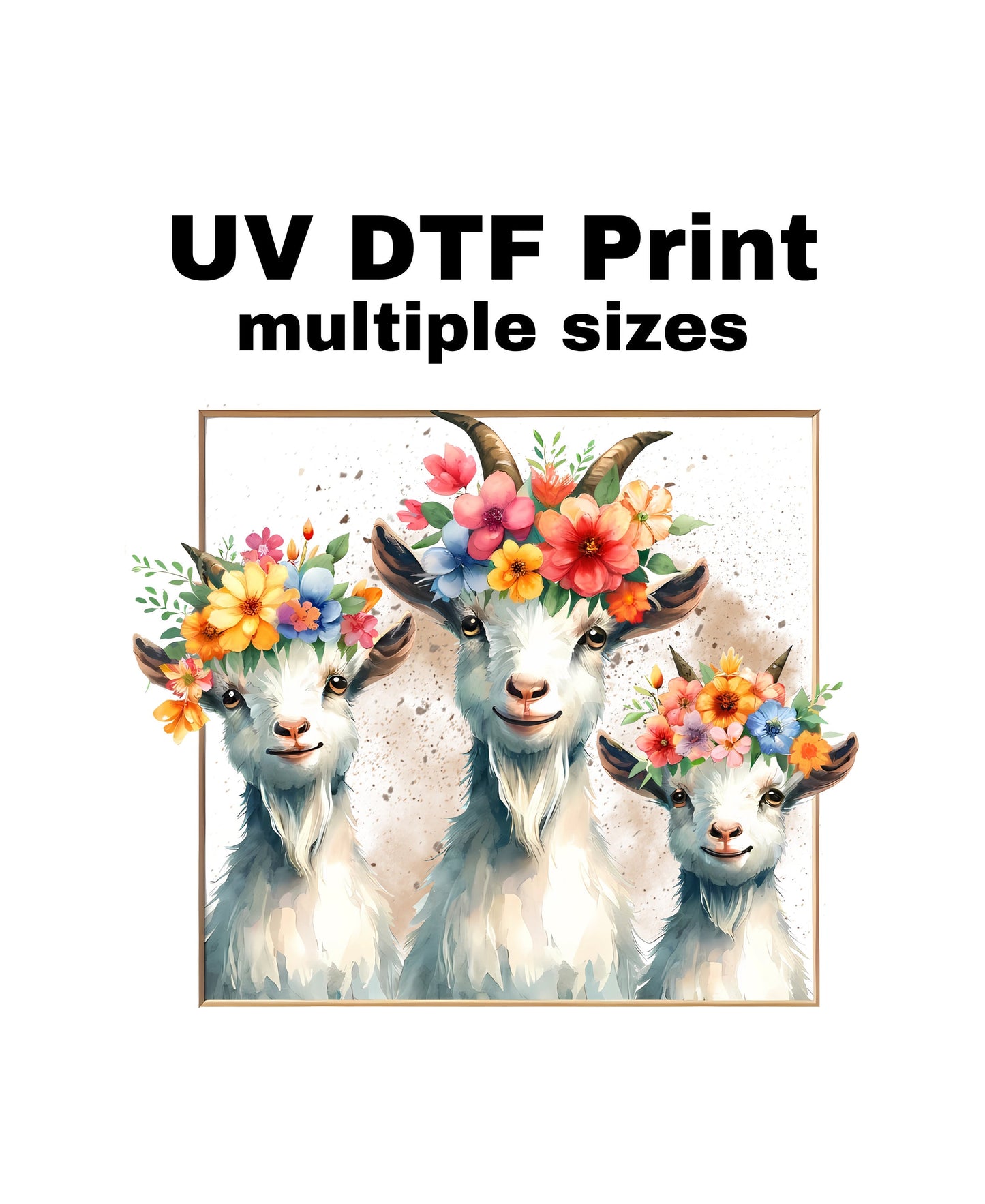 UV DTF Sticker print. Goats with Flowers, tumbler decal, permanent sticker. UV wrap for glass can tumbler. #1005