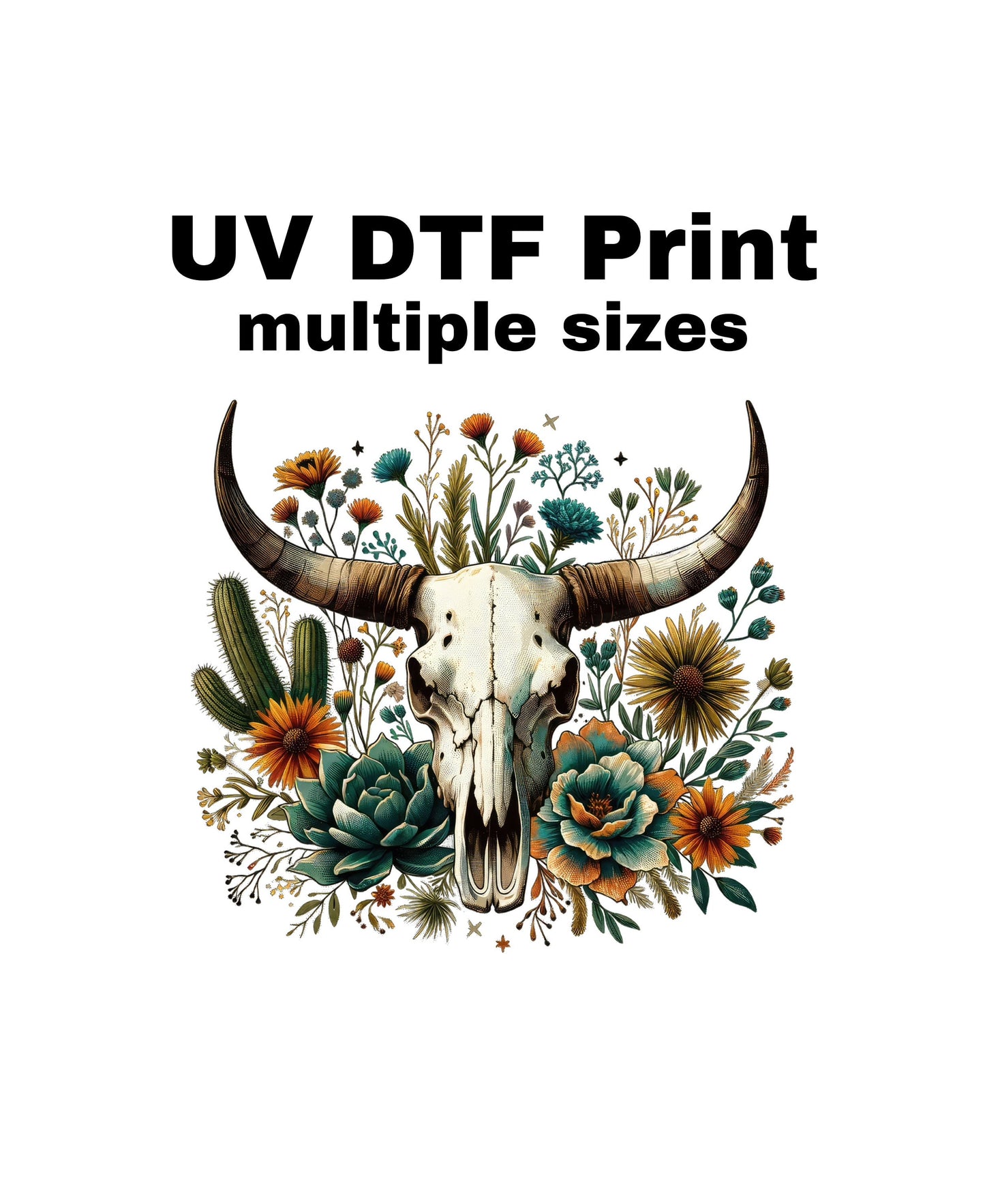 UV DTF Sticker print. Watercolor Western desert cow decal, tumbler decal, permanent sticker. UV wrap for glass can tumbler. #2003