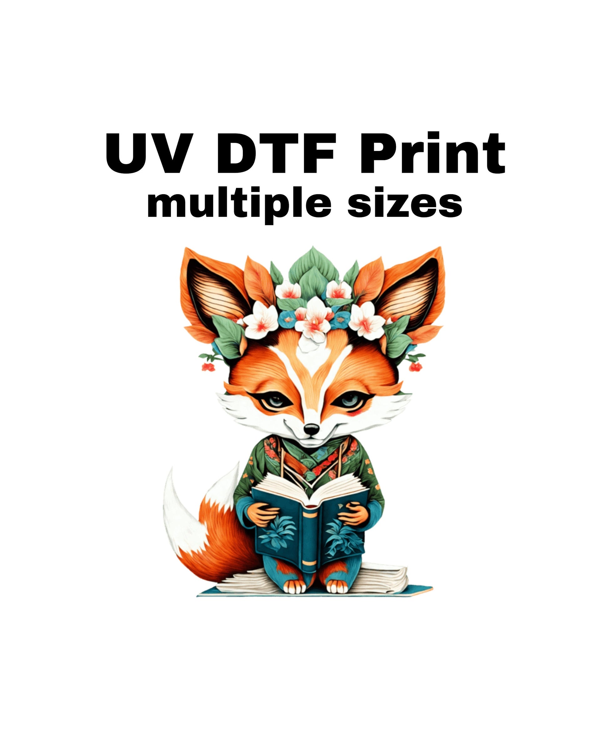 UV DTF Sticker print. Watercolor Fox with book and flowers decal, tumbler decal, permanent sticker. UV wrap for glass can tumbler. #1007