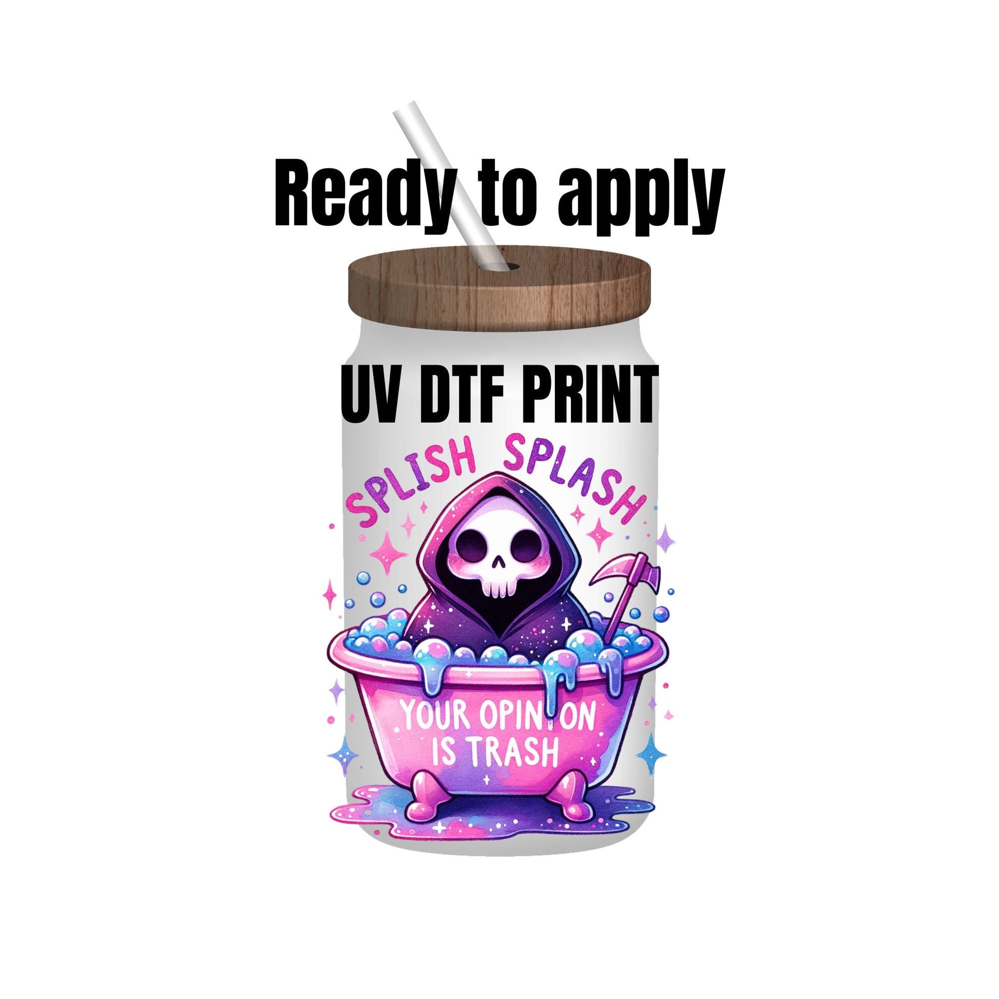 UV DTF Sticker print. Splish splash grim reaper decal, tumbler decal, permanent sticker. UV wrap for glass can tumbler. #4025