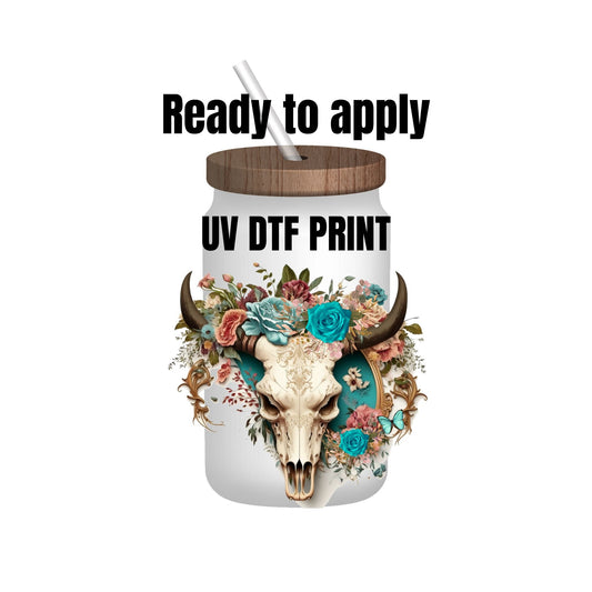 UV DTF Sticker print. Teal flower cow skull decal, tumbler decal, permanent sticker. UV wrap for glass can tumbler. #2006