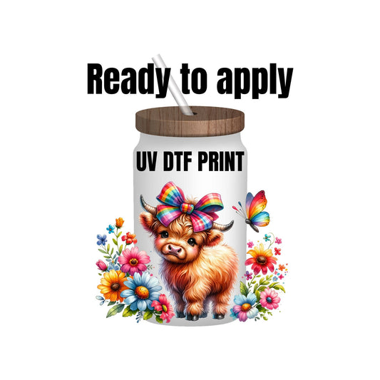 UV DTF Sticker print. Cute Baby Cow with Flowers wrap, tumbler decal, permanent sticker. UV wrap for glass can tumbler. #1001