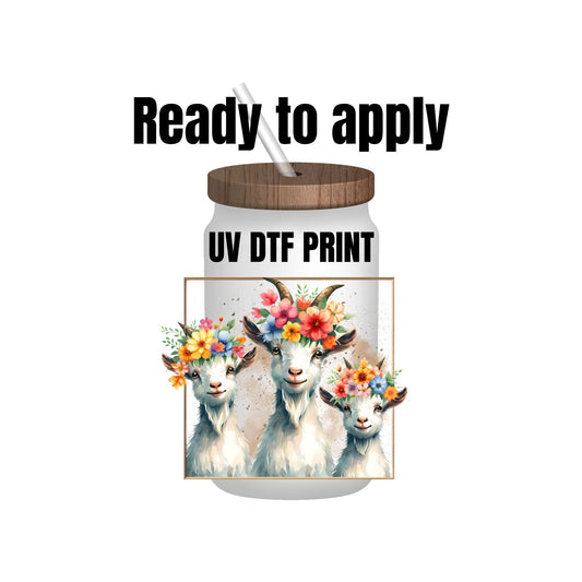 UV DTF Sticker print. Goats with Flowers, tumbler decal, permanent sticker. UV wrap for glass can tumbler. #1005