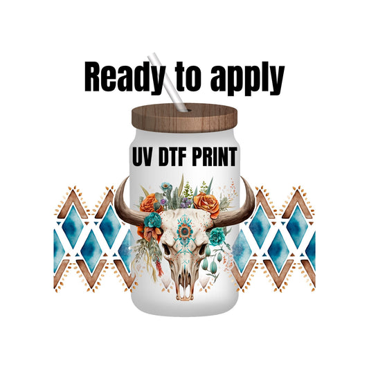 UV DTF Sticker print. Bull skull wrap decal, tumbler decal, permanent sticker. UV wrap for glass can tumbler. #5005