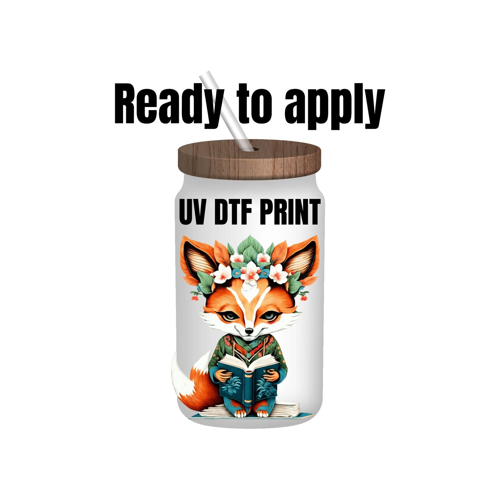 UV DTF Sticker print. Watercolor Fox with book and flowers decal, tumbler decal, permanent sticker. UV wrap for glass can tumbler. #1007