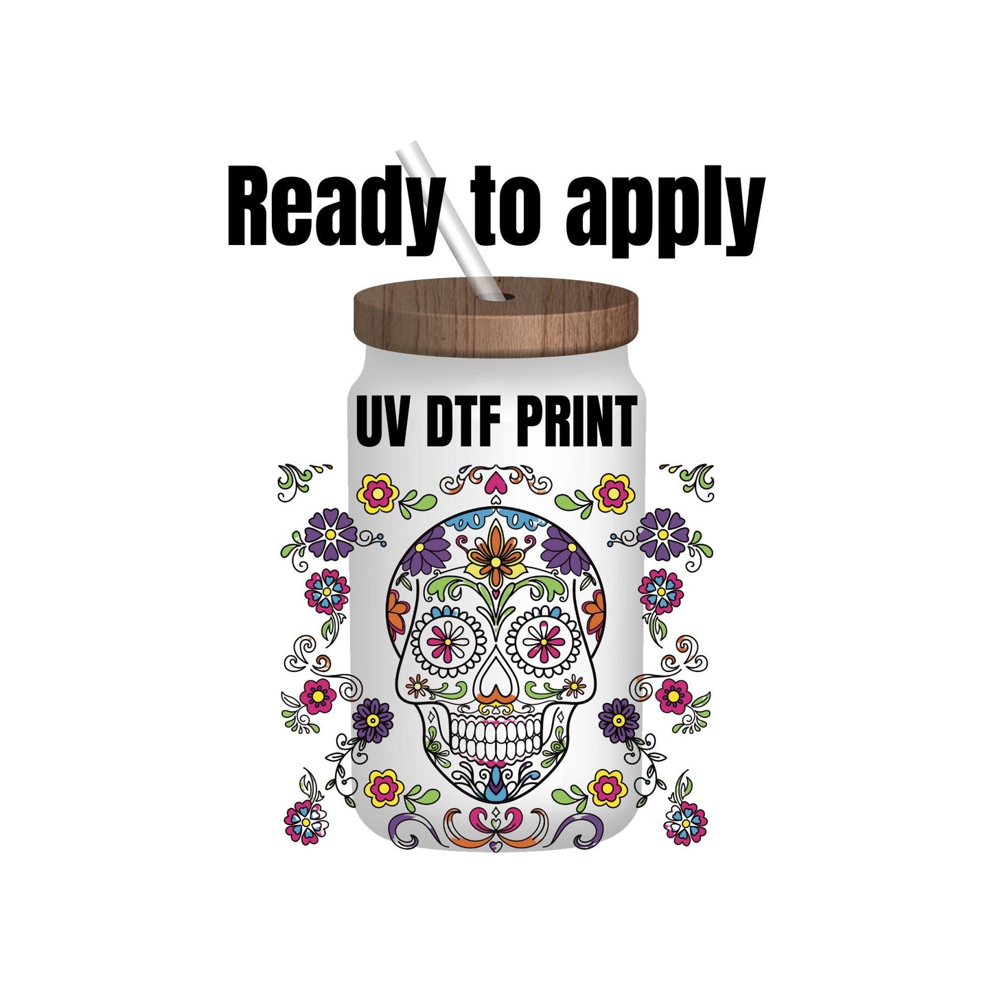 UV DTF Sticker print. Sugar skull wrap decal, tumbler decal, permanent sticker. UV wrap for glass can tumbler. #10007