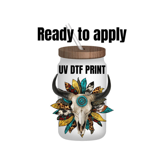 UV DTF Sticker print. Feathered Western cow skull with Flowers decal, tumbler decal, permanent sticker. UV wrap for glass can tumbler. #2001