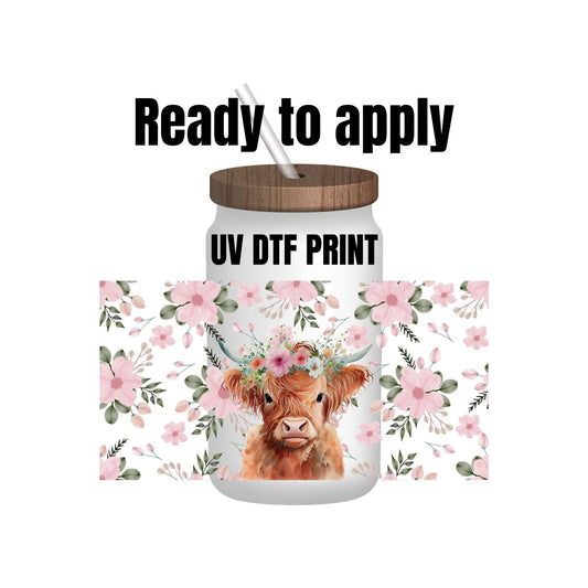 UV DTF Sticker print. Heifer cow with pink flowers wrap decal, tumbler decal, permanent sticker. UV wrap for glass can tumbler. #5034