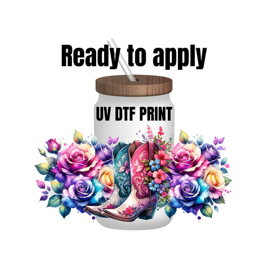 UV DTF Sticker print. Cowgirl boots and flowers wrap decal, tumbler decal, permanent sticker. UV wrap for glass can tumbler. #5037