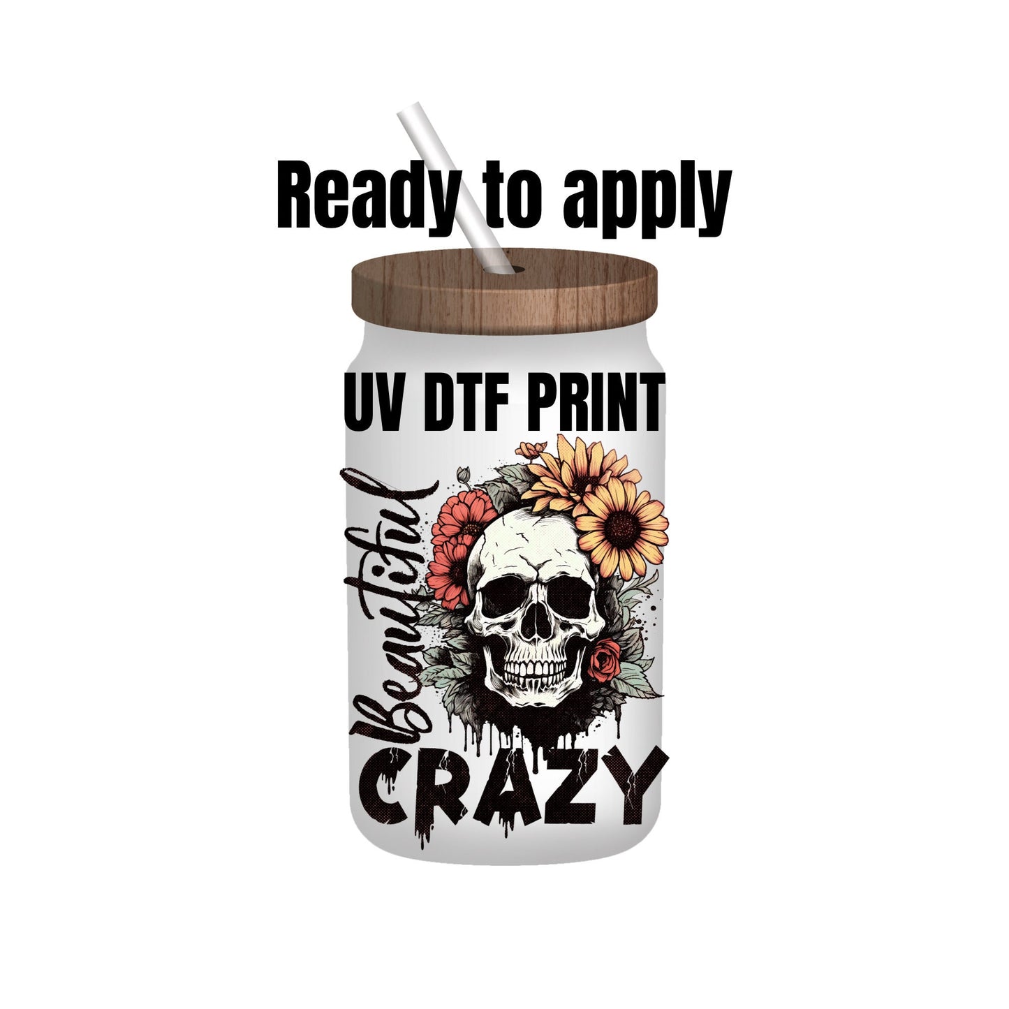 UV DTF Sticker print. Beautiful crazy skull decal, tumbler decal, permanent sticker. UV wrap for glass can tumbler. #4021