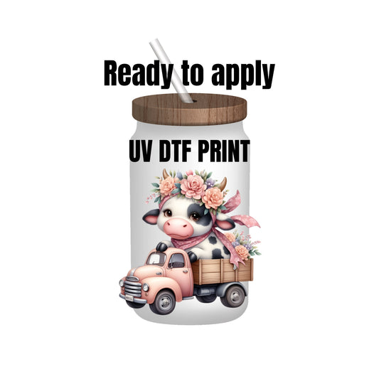 UV DTF Sticker print. Watercolor Cute cow in pink truck decal, tumbler decal, permanent sticker. UV wrap for glass can tumbler. #1008