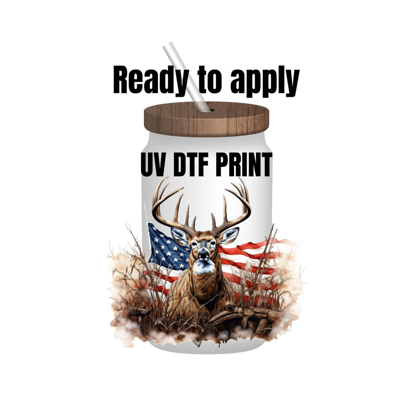 UV DTF Sticker print. Deer and Flag decal, tumbler decal, permanent sticker. UV wrap for glass can tumbler. #1009