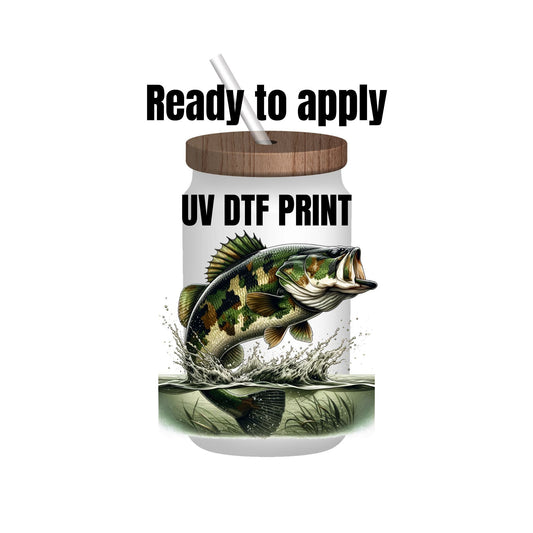 UV DTF Sticker print. Camo Bass decal, tumbler decal, permanent sticker. Uv wrap for glass can tumbler. #9007