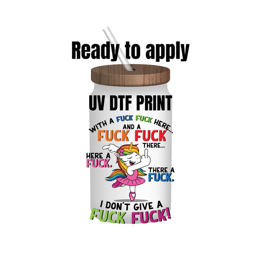 UV DTF Sticker print. Fuck Unicorn decal, tumbler decal, permanent sticker. Uv wrap for glass can tumbler. #4077