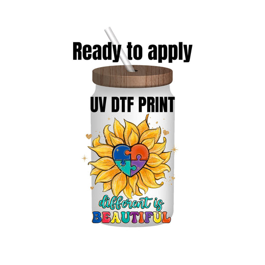 UV DTF Sticker print. Different is beautiful decal, tumbler decal, permanent sticker. UV wrap for glass can tumbler. #10012