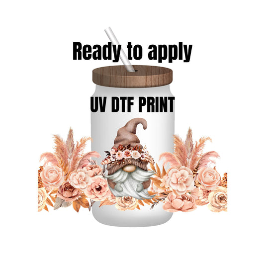 UV DTF Sticker print. Watercolor Gnome w/ roses wrap decal, tumbler decal, permanent sticker. UV wrap for glass can tumbler. #5053