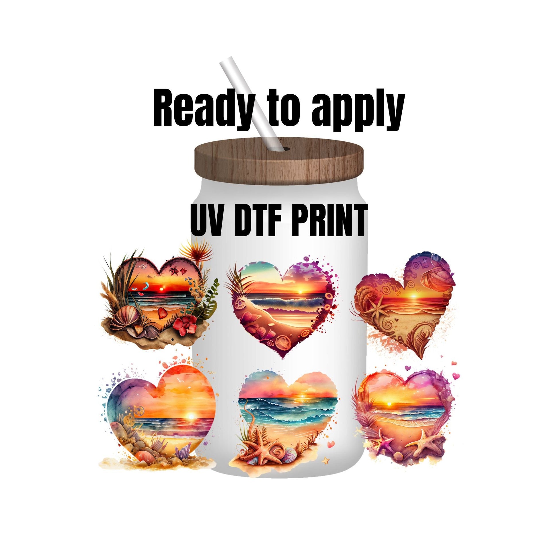 UV DTF sticker prints. (6) Watercolor beach heart bundle sheet. Tumbler decal, permanent sticker. UV wrap for glass can tumbler. #10003