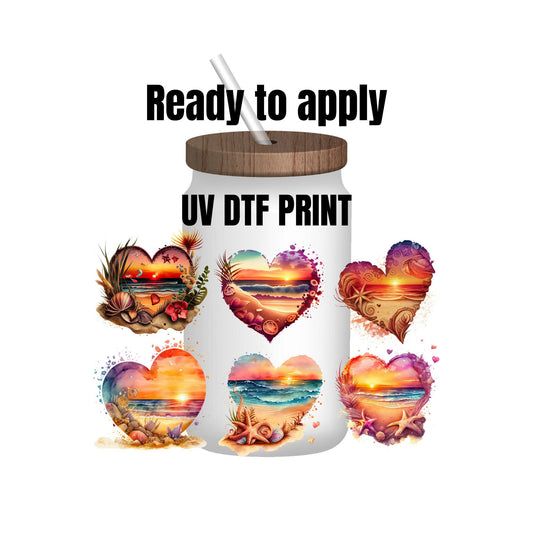 UV DTF sticker prints. (6) Watercolor beach heart bundle sheet. Tumbler decal, permanent sticker. UV wrap for glass can tumbler. #10003