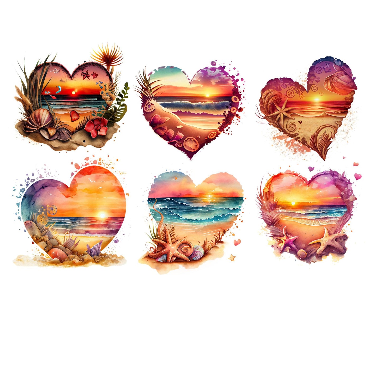 UV DTF sticker prints. (6) Watercolor beach heart bundle sheet. Tumbler decal, permanent sticker. UV wrap for glass can tumbler. #10003