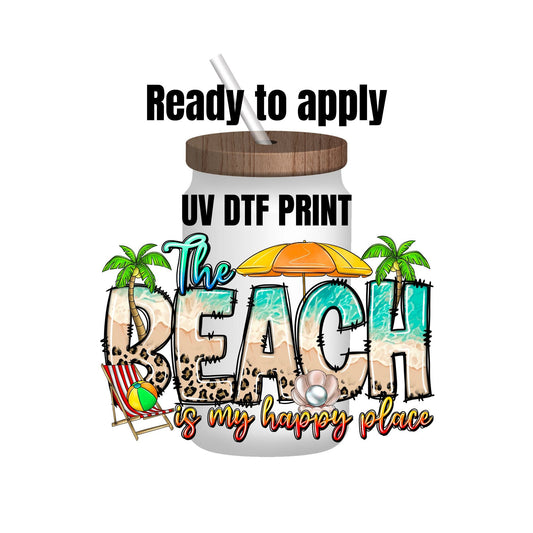 UV DTF Sticker print. Cheetah The Beach is my happy place decal, tumbler decal, permanent sticker. UV wrap for glass can tumbler. #4082