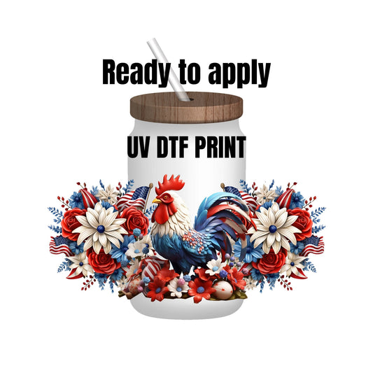 UV DTF Sticker print. 3D Patriotic rooster wrap decal, tumbler decal, permanent sticker. UV wrap for glass can tumbler. #5059