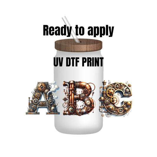 UV DTF Sticker print. Steampunk Letters decal, tumbler decal, permanent sticker. Uv wrap for glass can tumbler. #10016