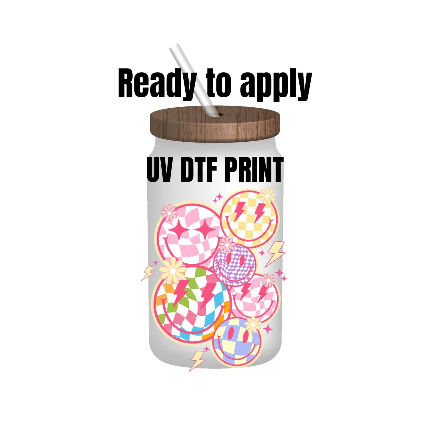 UV DTF Sticker print. Checkered smiley faces decal, tumbler decal, permanent sticker. Uv wrap for glass can tumbler. #10019