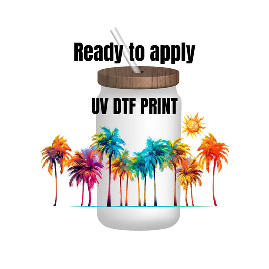 UV DTF Sticker print. Palm tree scene wrap decal, tumbler decal, permanent sticker. UV wrap for glass can tumbler. #5087