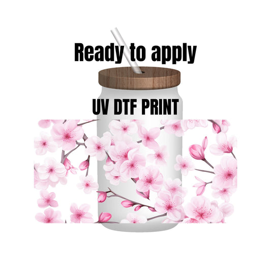 UV DTF Sticker print. Pink sakura flower wrap decal, tumbler decal, permanent sticker. UV wrap for glass can tumbler. #5092