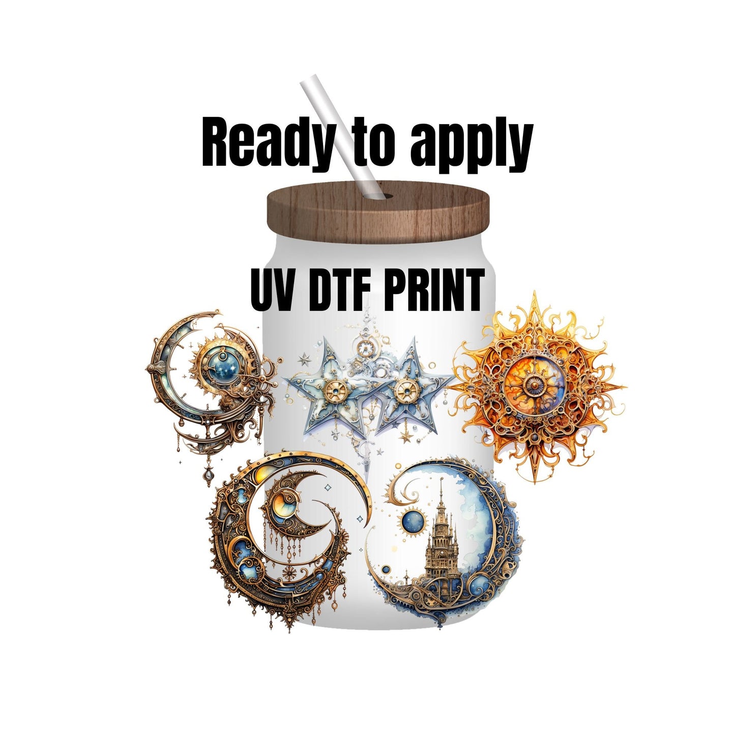 UV DTF Sticker print. Steampunk celestial decals, tumbler decal, permanent sticker. Uv wrap for glass can tumbler. #10020