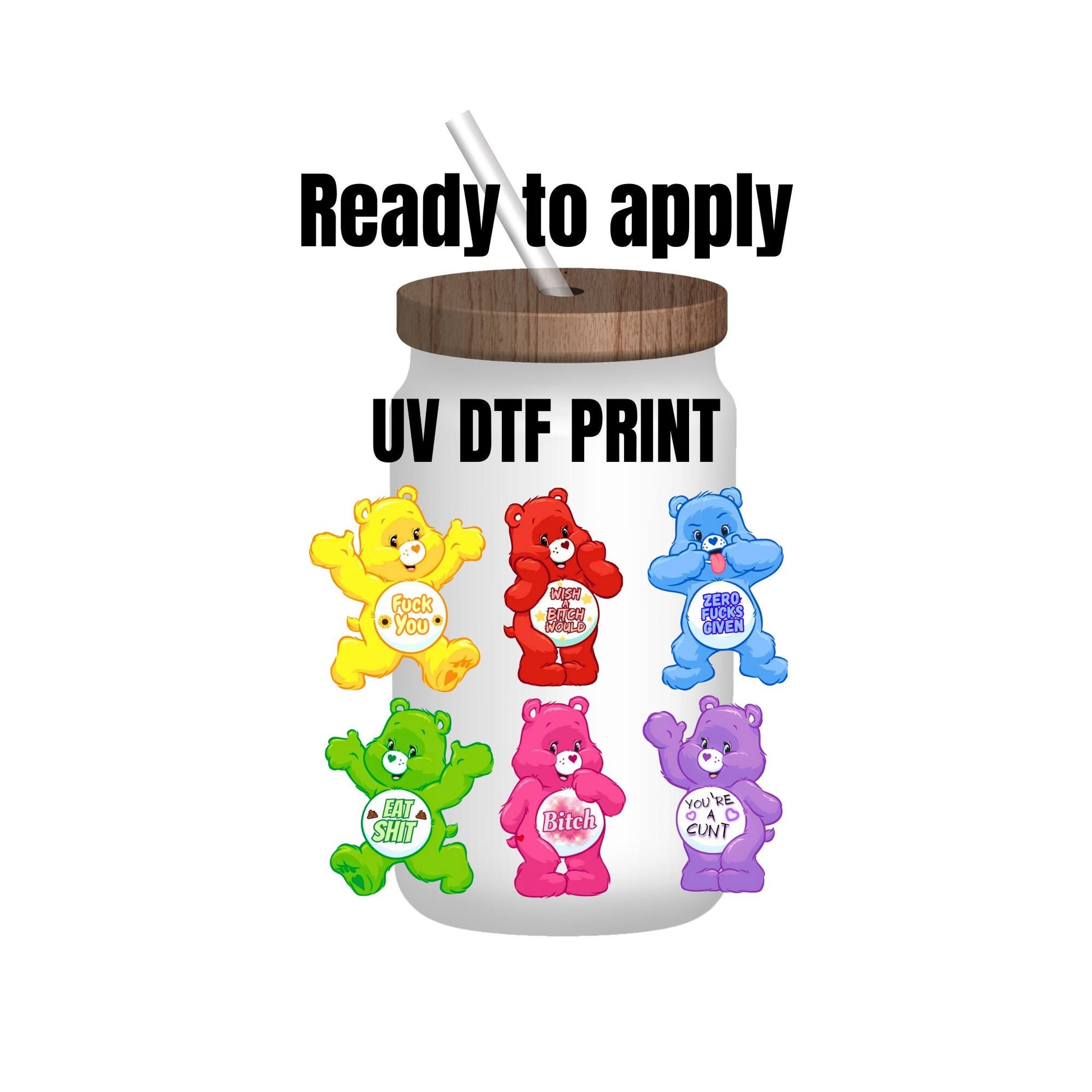 UV DTF Sticker print. Ready to apply! Swear bear bundle decals, tumbler decal, permanent sticker. UV wrap for glass can tumbler. #4017