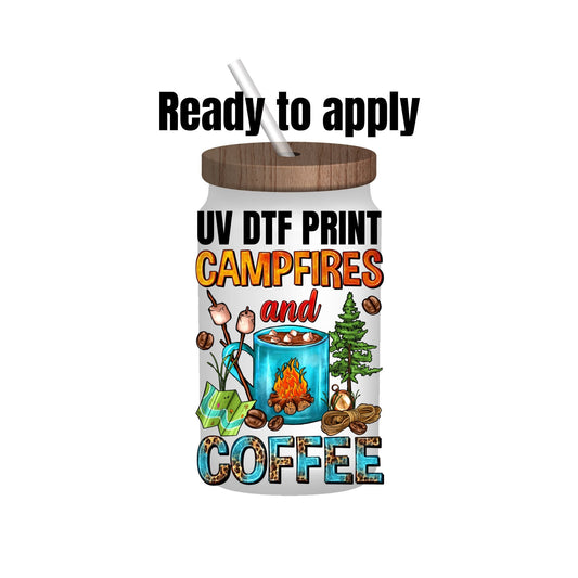 UV DTF Sticker print. Campfires and coffee decal, tumbler decal, permanent sticker. Uv wrap for glass can tumbler. #4074