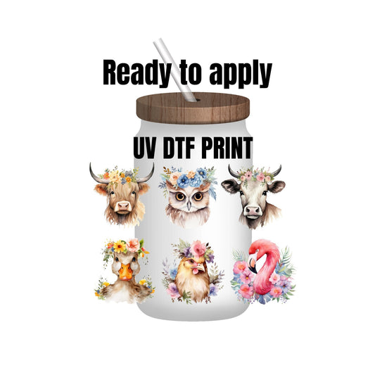 UV DTF sticker prints. Cute animals with flower headbands. Tumbler decal, permanent sticker. UV wrap for glass can tumbler. #1004