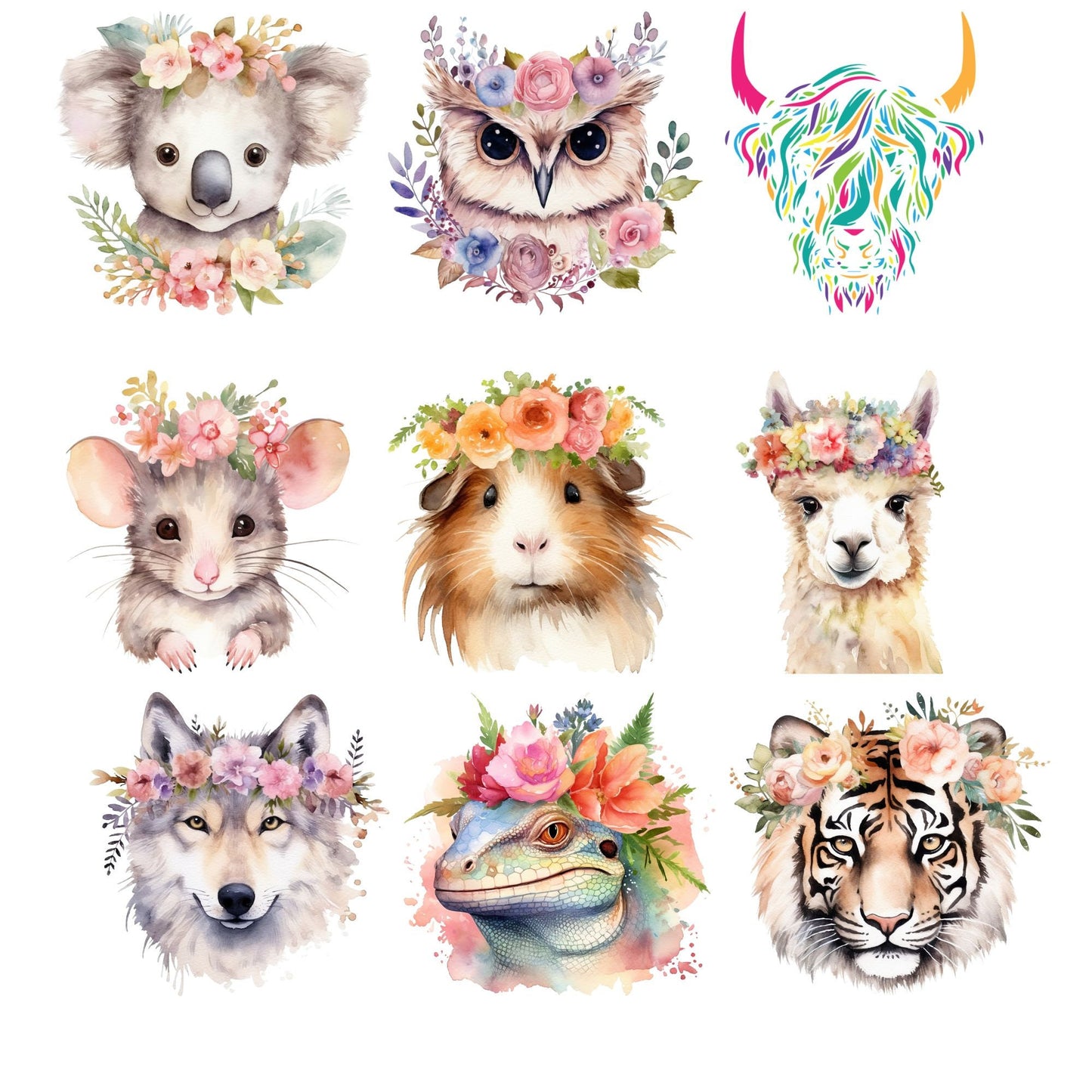 UV DTF sticker prints. Cute animals with flower headbands. Tumbler decal, permanent sticker. UV wrap for glass can tumbler. #1004