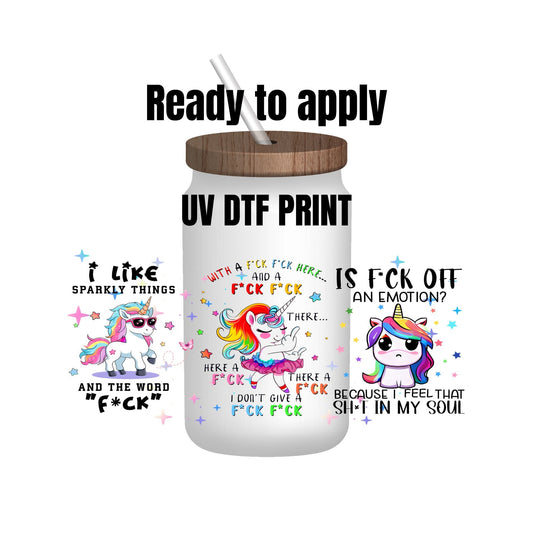 UV DTF Sticker print. Trio of Unicorns decal, tumbler decal, permanent sticker. Uv wrap for glass can tumbler. #5061