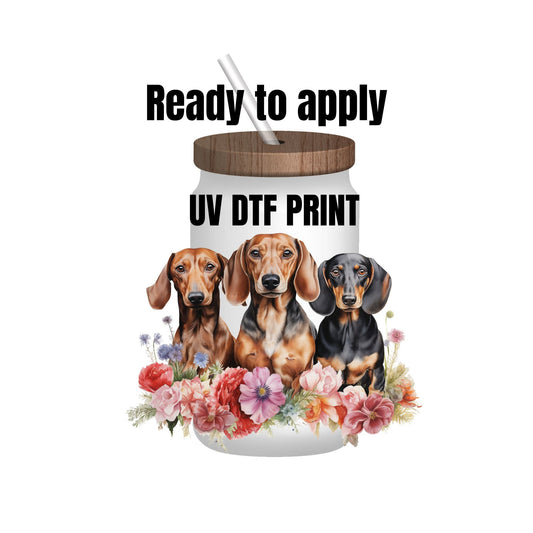 UV DTF Sticker print. Cute trio of Dachshunds with flowers decal, tumbler decal, permanent sticker. UV wrap for glass can tumbler. #1017