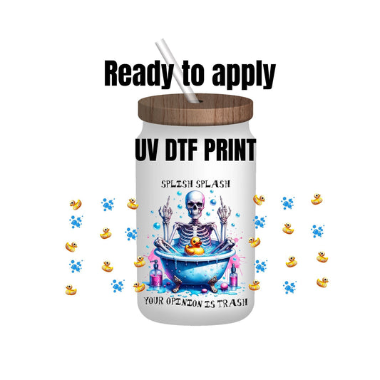 UV DTF Sticker print. Splish splash skeleton bath wrap decal, tumbler decal, permanent sticker. UV wrap for glass can tumbler. #5098