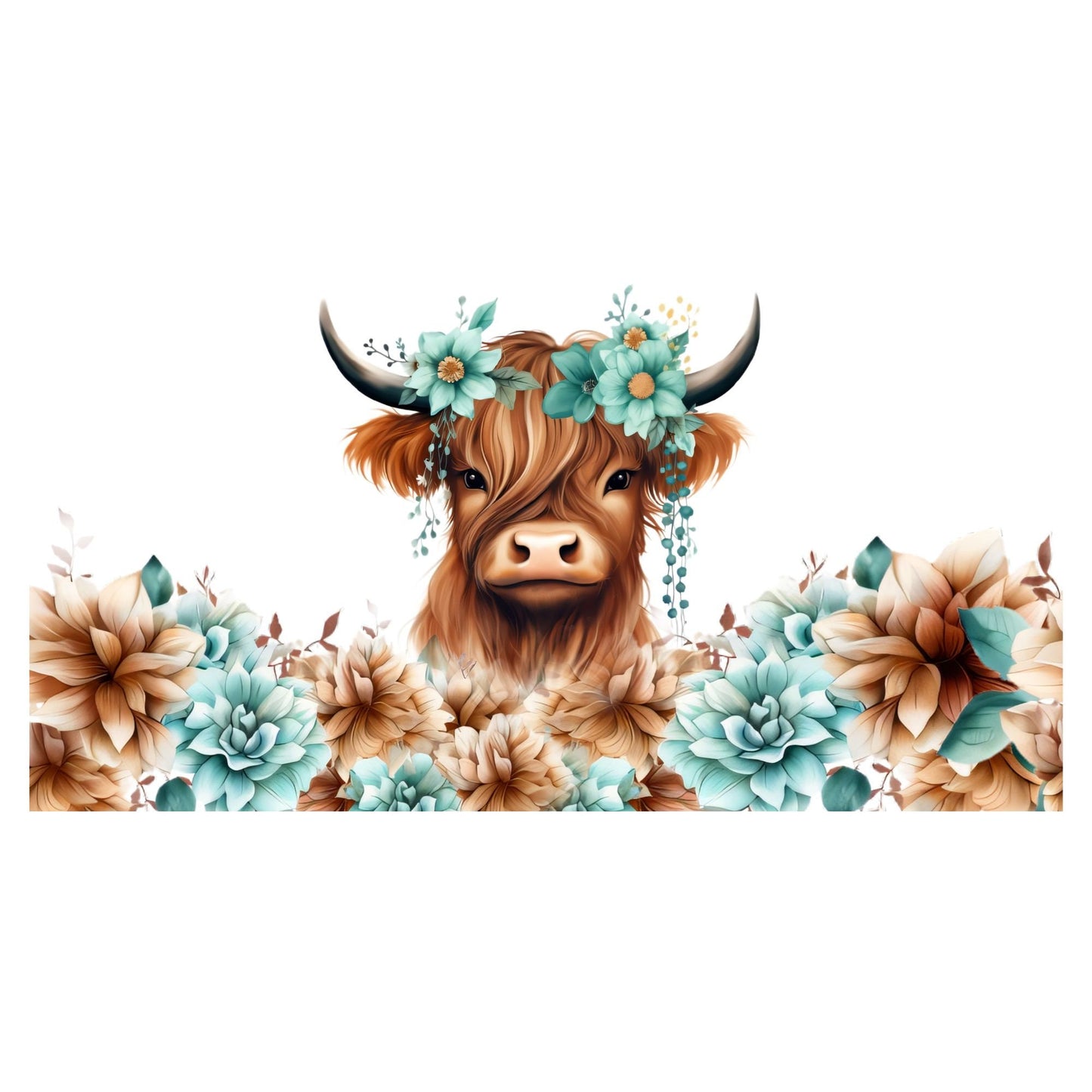 UV DTF Sticker print. Highland cow w/ teal flowers wrap decal, tumbler decal, permanent sticker. UV wrap for glass can tumbler. #5099