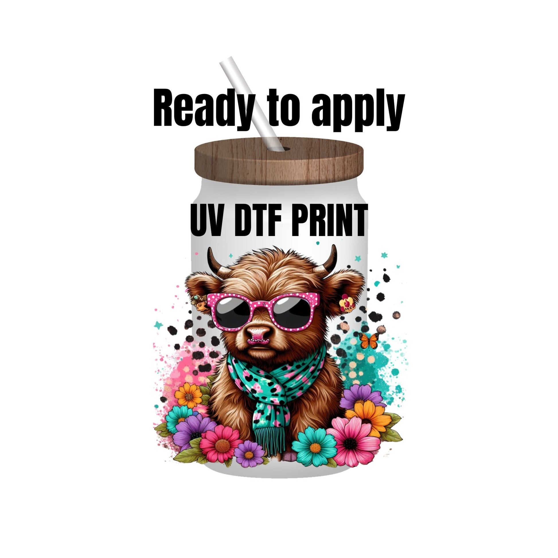 UV DTF Sticker print. Cow with sunglasses decal, tumbler decal, permanent sticker. Uv wrap for glass can tumbler. #1013