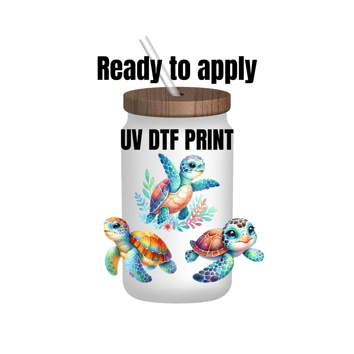 UV DTF sticker prints. Watercolor Cute Baby Turtles. Tumbler decal, permanent sticker. UV wrap for glass can tumbler. #1003