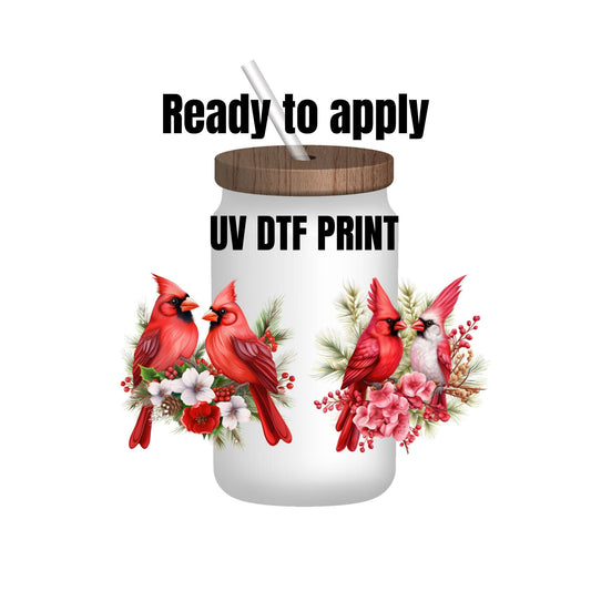 UV DTF Sticker print. Cardinals with Flowers decal, tumbler decal, permanent sticker. UV wrap for glass can tumbler. #1019