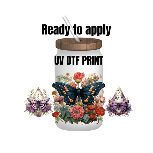 UV DTF Sticker print. Moth with flowers wrap decal, tumbler decal, permanent sticker. UV wrap for glass can tumbler. #5100