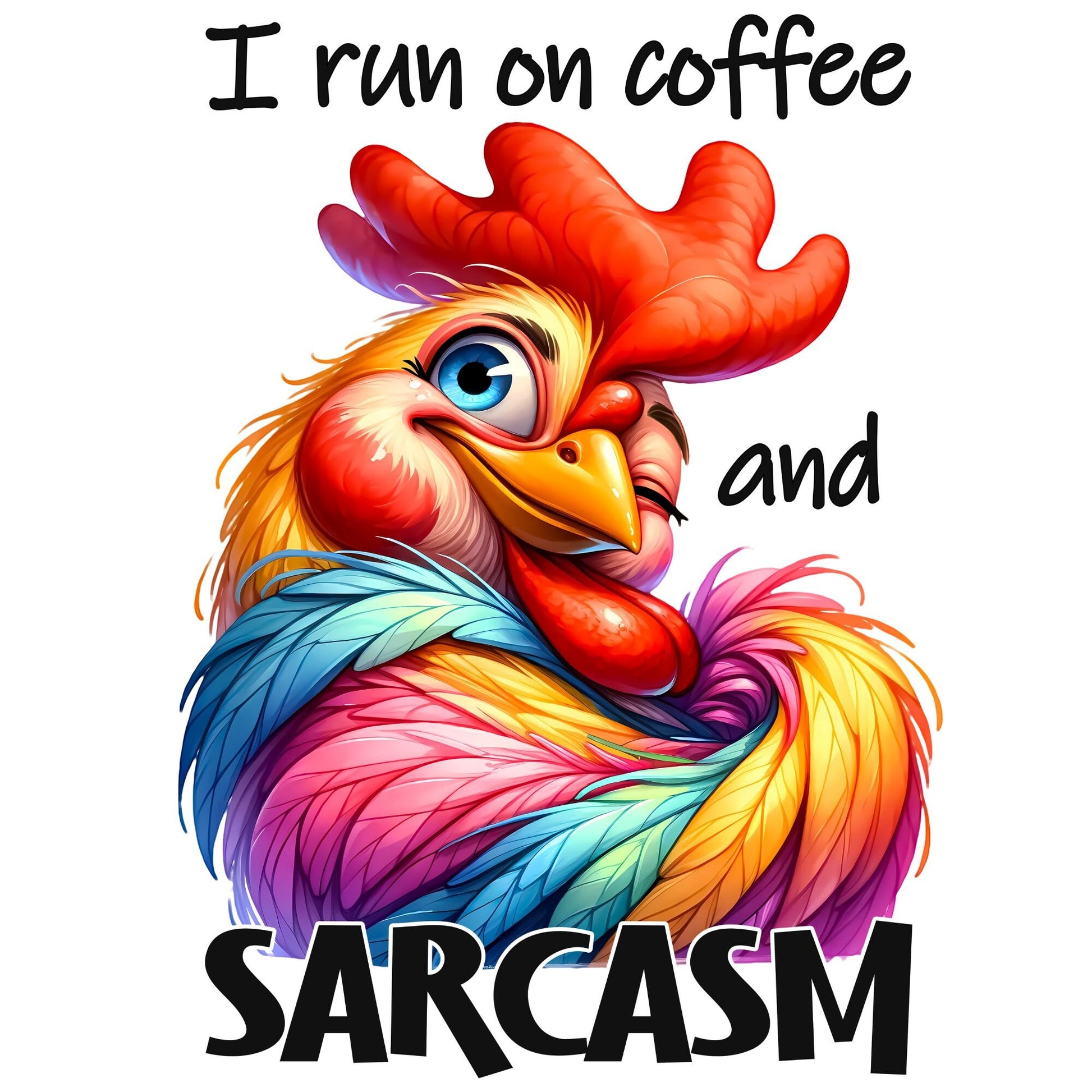 UV DTF Sticker print. I run on coffee and sarcasm chicken decal, tumbler decal, permanent sticker. Uv wrap for glass can tumbler. #4095