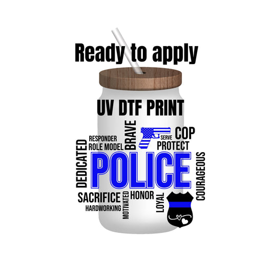 UV DTF Sticker print. Police with blue wrap, tumbler decal. UV wrap for glass can tumbler. #5105