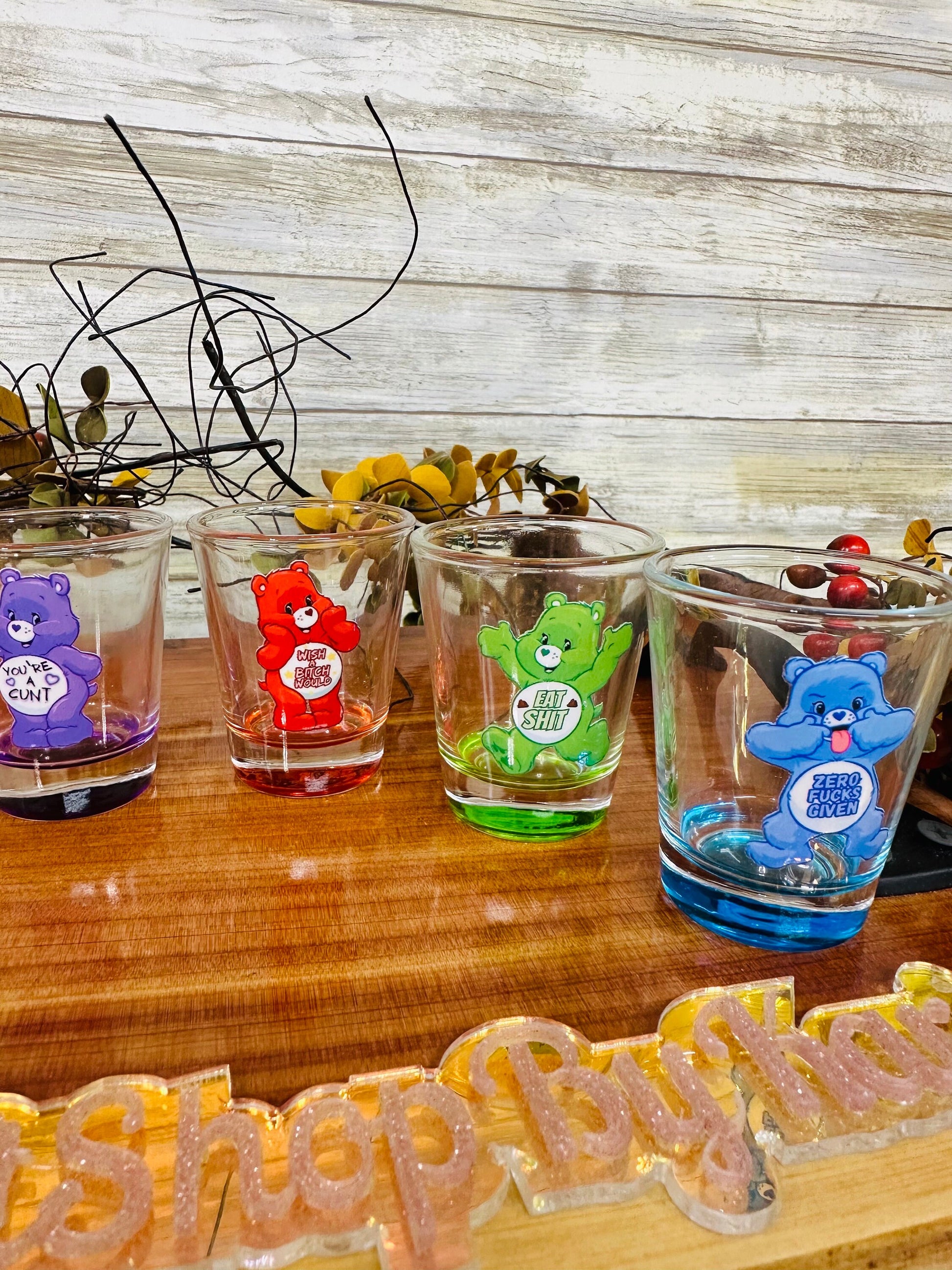 Set of 6 shot glasses with swear bear uv dtf decals. Sarcastic gift. Party decor. 21st birthday. Funny gift.